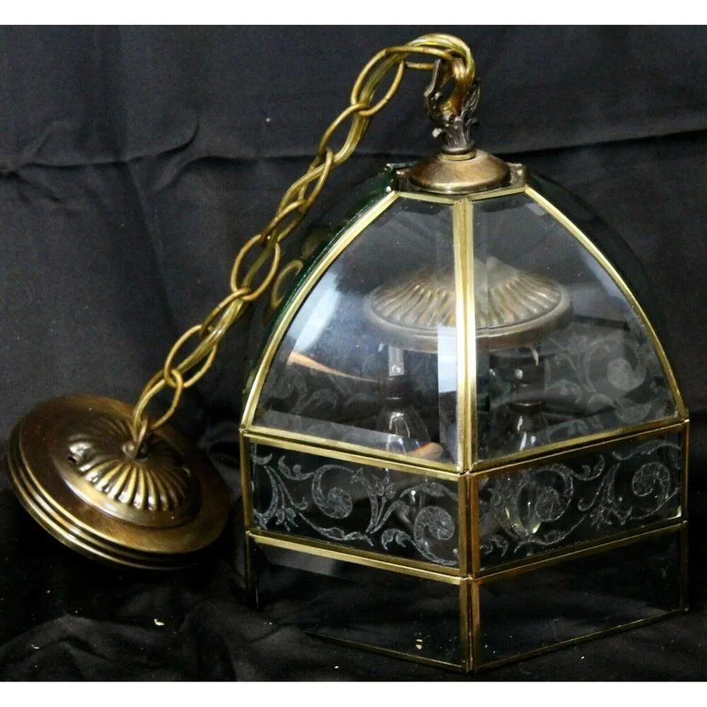 Clear Glass Hanging Light Fixture Dome Small Scroll Etching Beveled Edges Entry